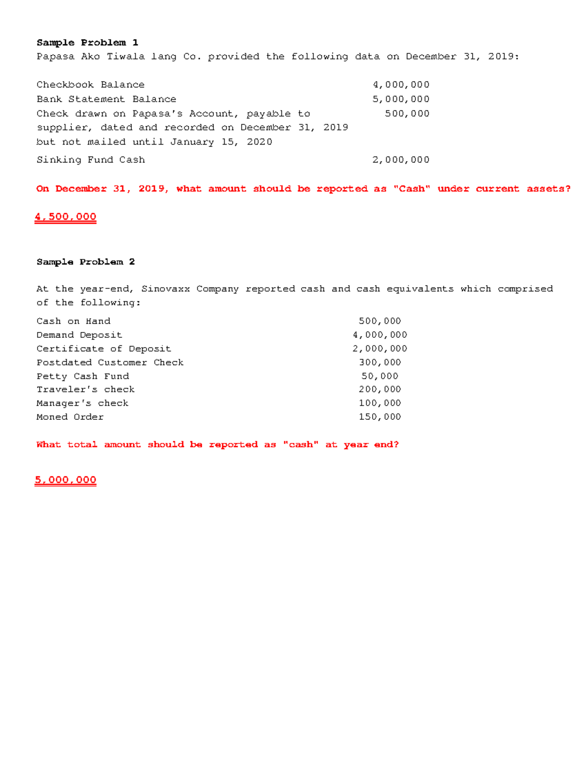 Sample Problems Cash and Cash Equivalents (2) Sample Problem 1