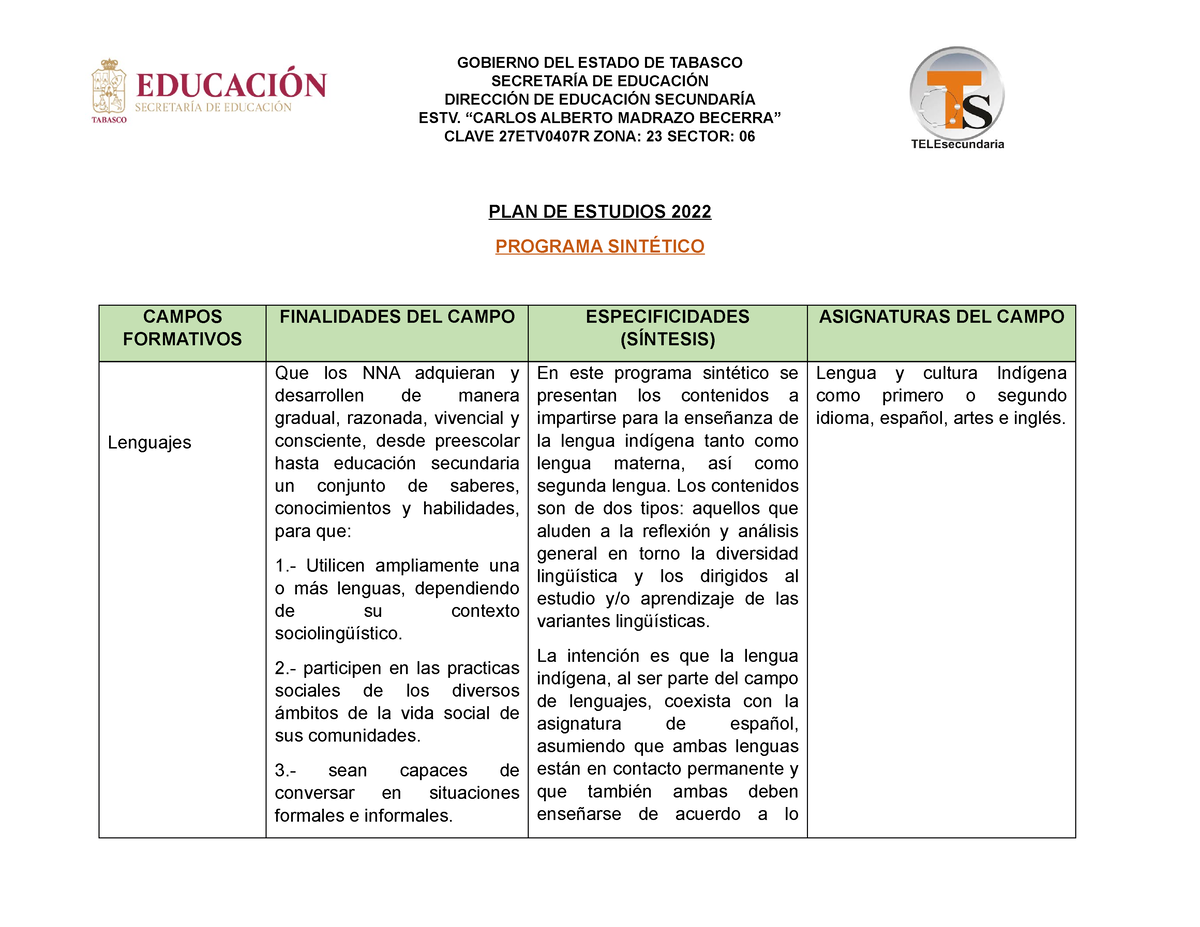 Formato Programa Sintético - SECRETARÍA DE EDUCACIÓN DIRECCIÓN DE ...