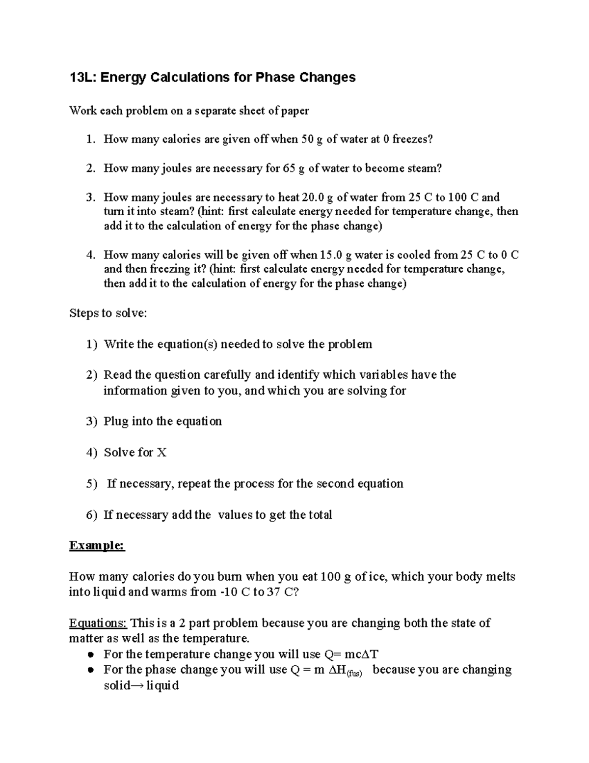 13L Practice Energy Calcs with Phase Changes - 13L: Energy Calculations ...