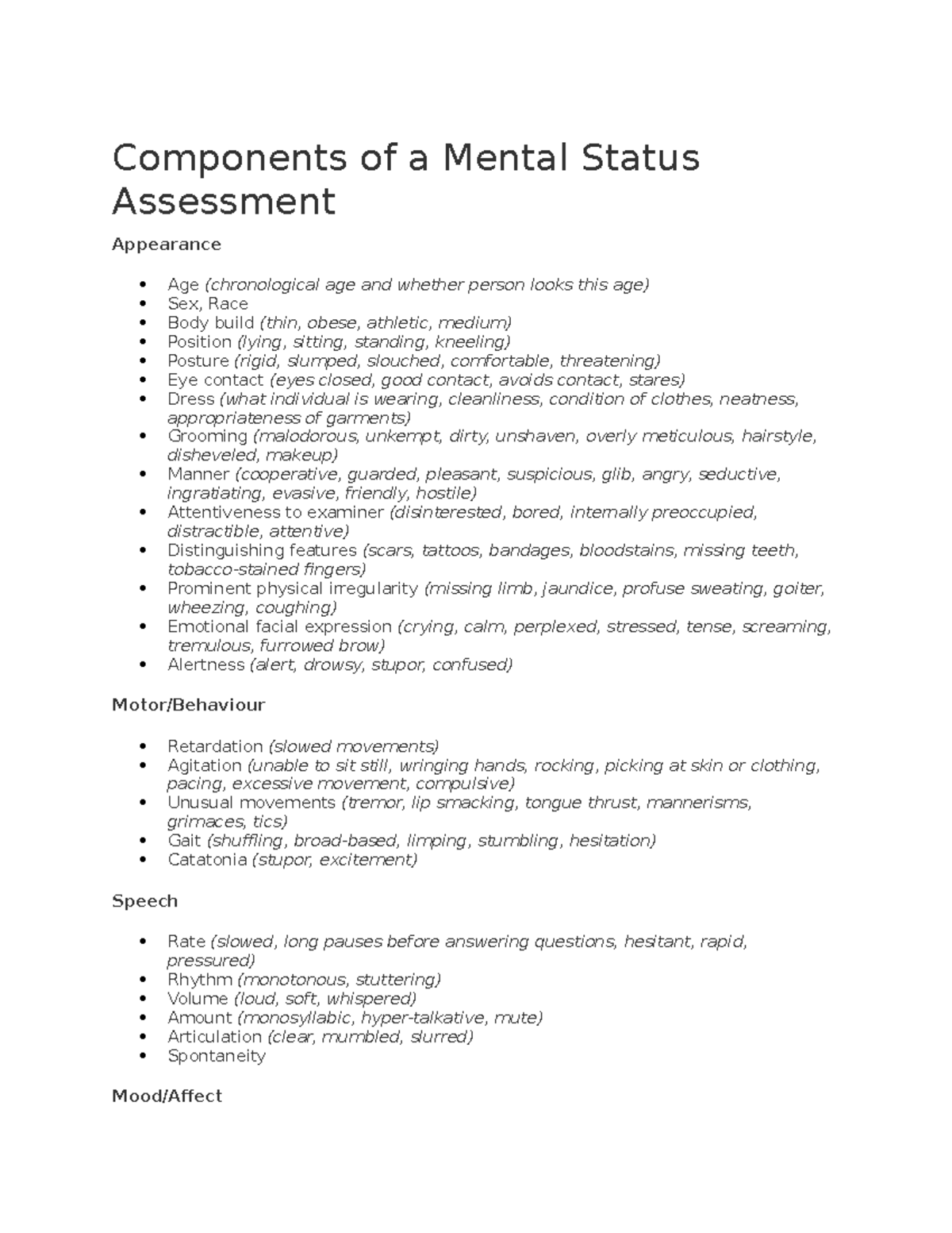 Components of a Mental Status Assessment - Components of a Mental ...