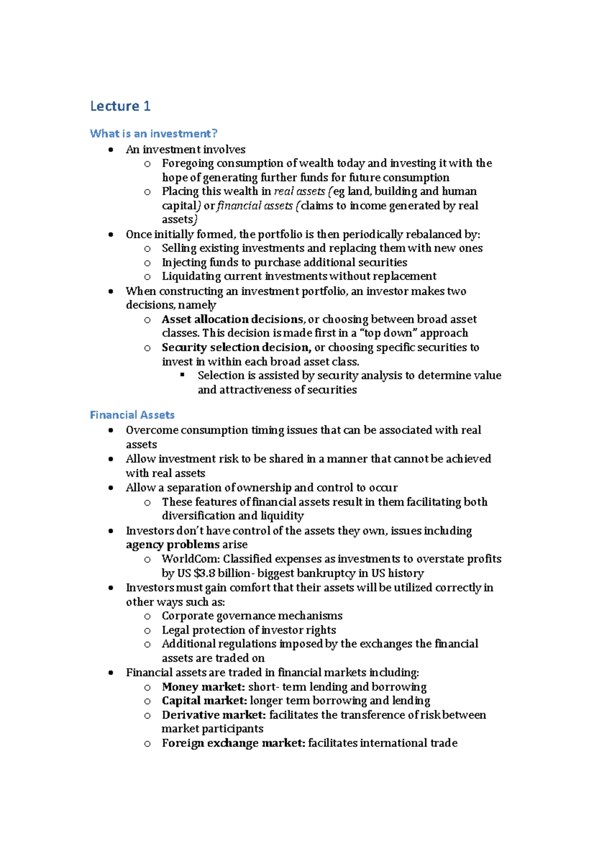 Notes - Investments - Lecture notes, lectures 1 - 7, 9 - Lecture 1 What ...