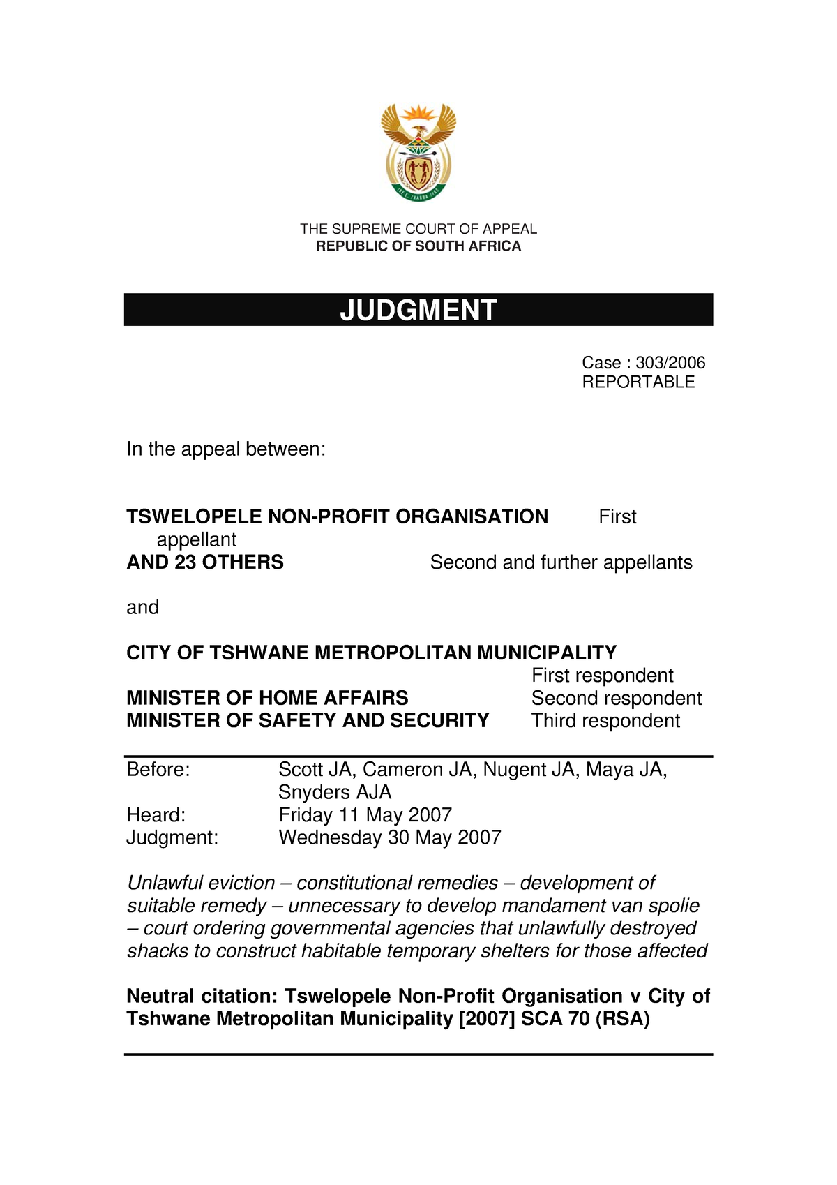 Tswelopele Non Profit Organisation and Others v City of Tshwane ...