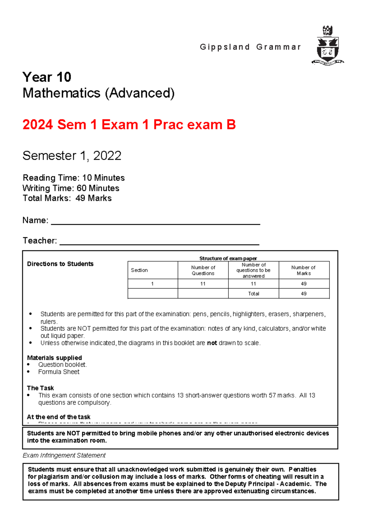 VCE Biology Units 1 and 2 Practice Exam (2024) G i p p s l a n d G r