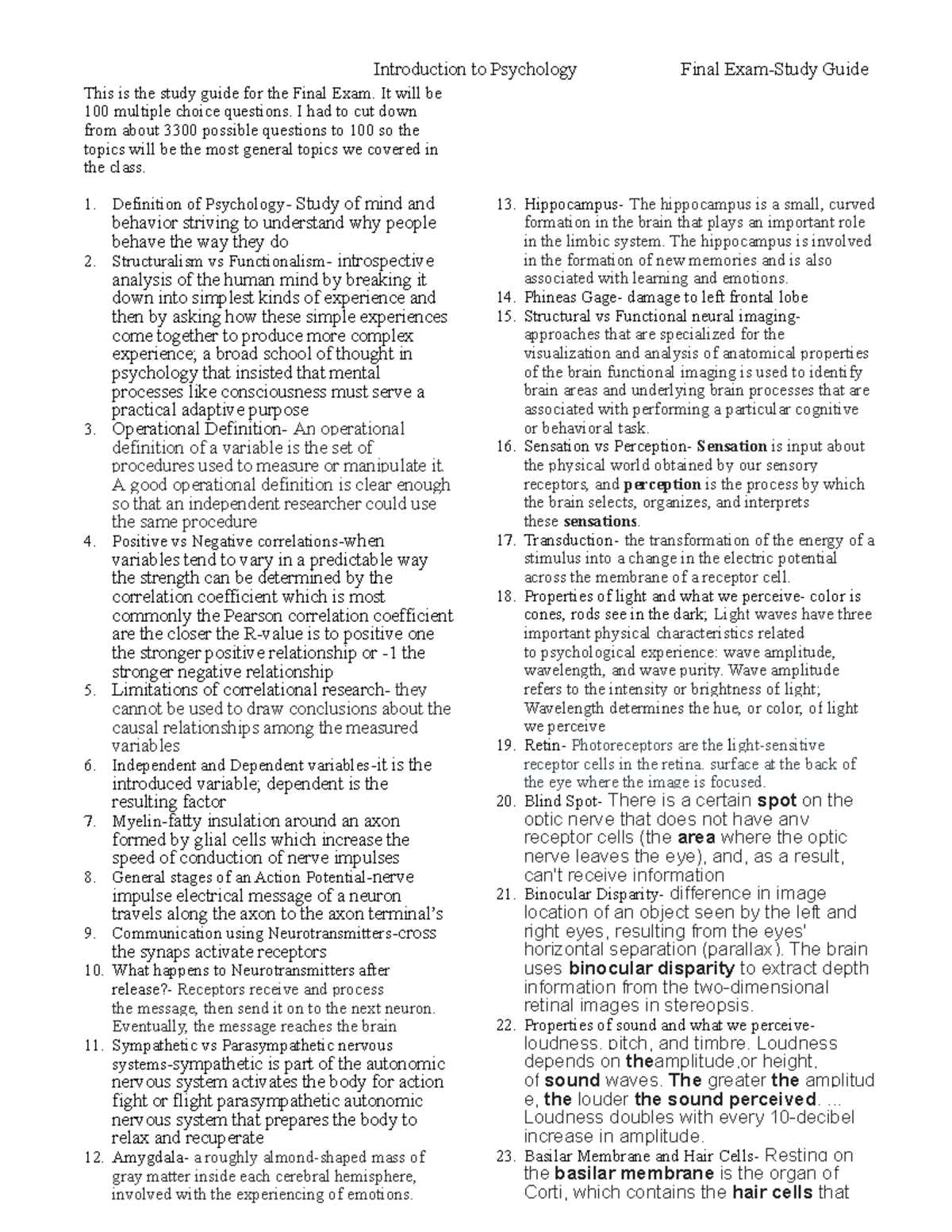 Comprehensive Final Exam Study Guide - Introduction to Psychology Final ...