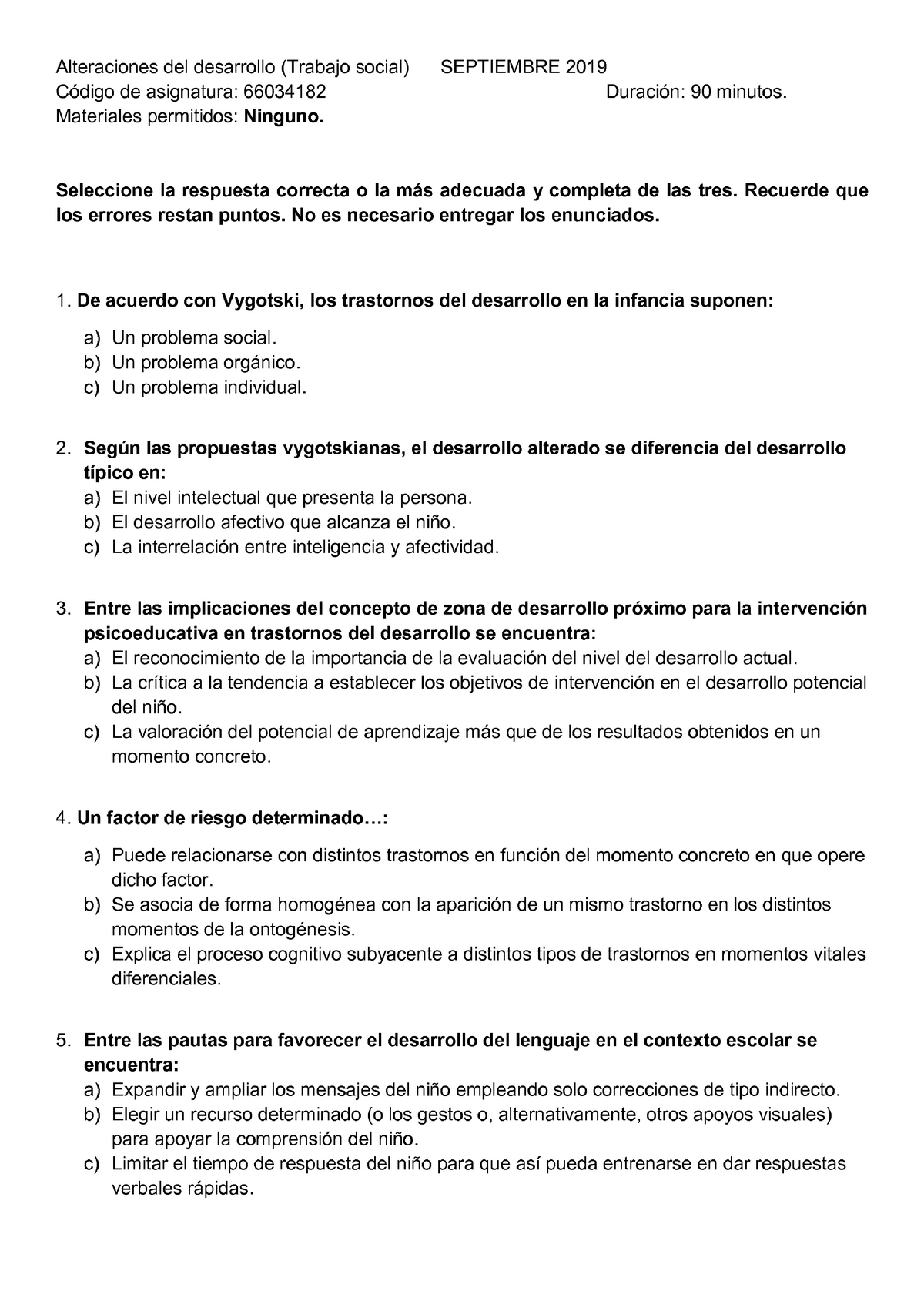 Examen 3 Septiembre 2019, Preguntas - Alteraciones Del Desarrollo Y ...