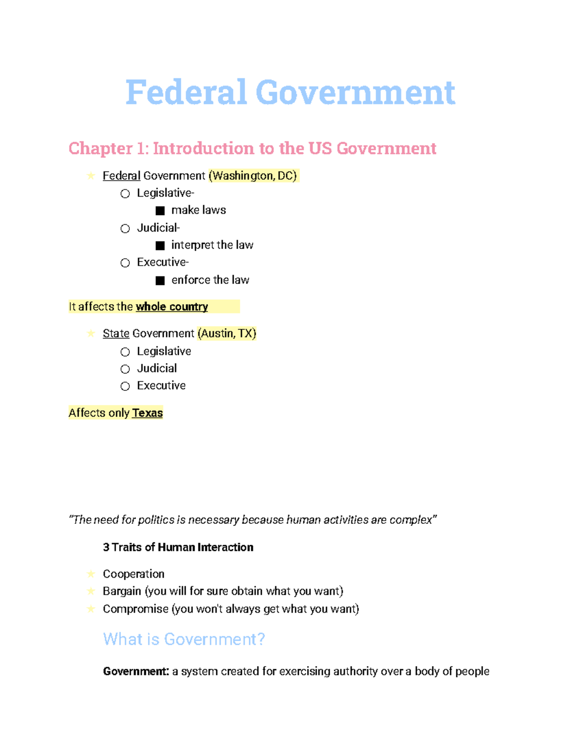 Federal Government Notes Federal Government Chapter 1 Introduction To The Us Government 2550