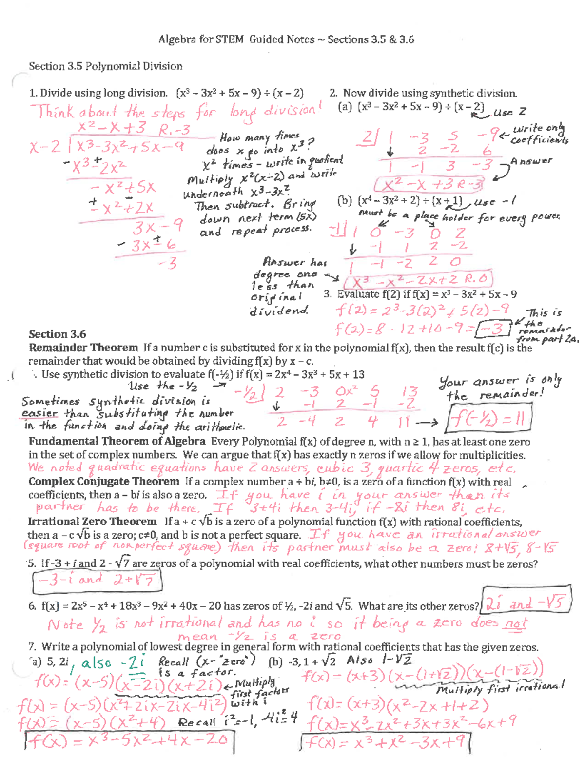 Poly Div,Thm,Zero Notes Completed - MATH 1533 - Studocu