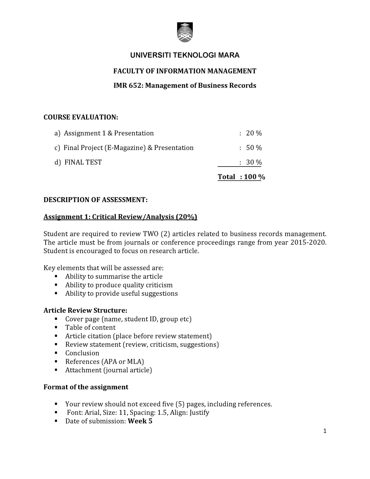 IMR652 Assessment 2021 - UNIVERSITI TEKNOLOGI MARA 1 FACULTY OF ...