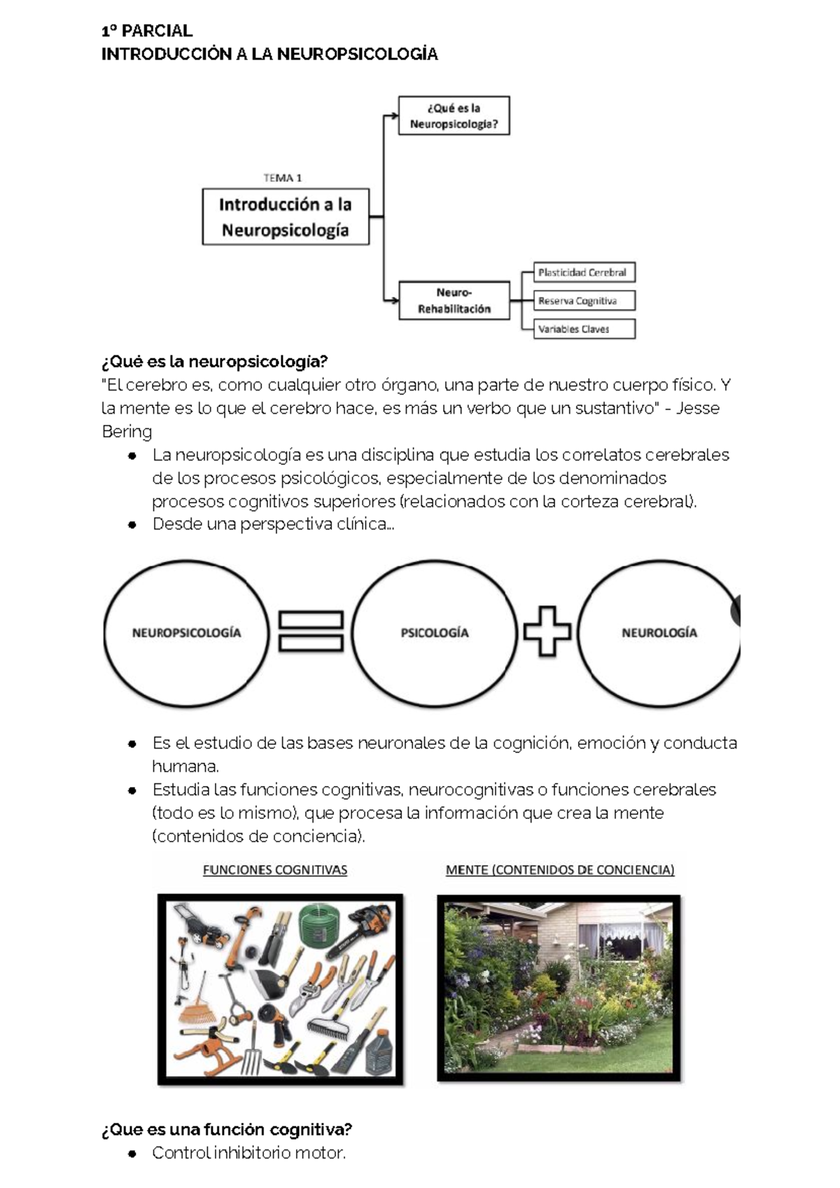 1º Parcial Neuro - 1º PARCIAL INTRODUCCIÓN A LA NEUROPSICOLOGÍA ¿Qué es ...