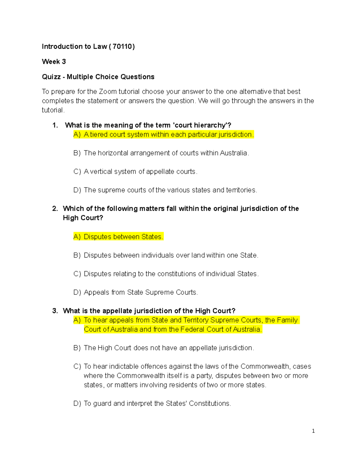 Quiz 5 September 2020, questions and answers - Introduction to Law ...