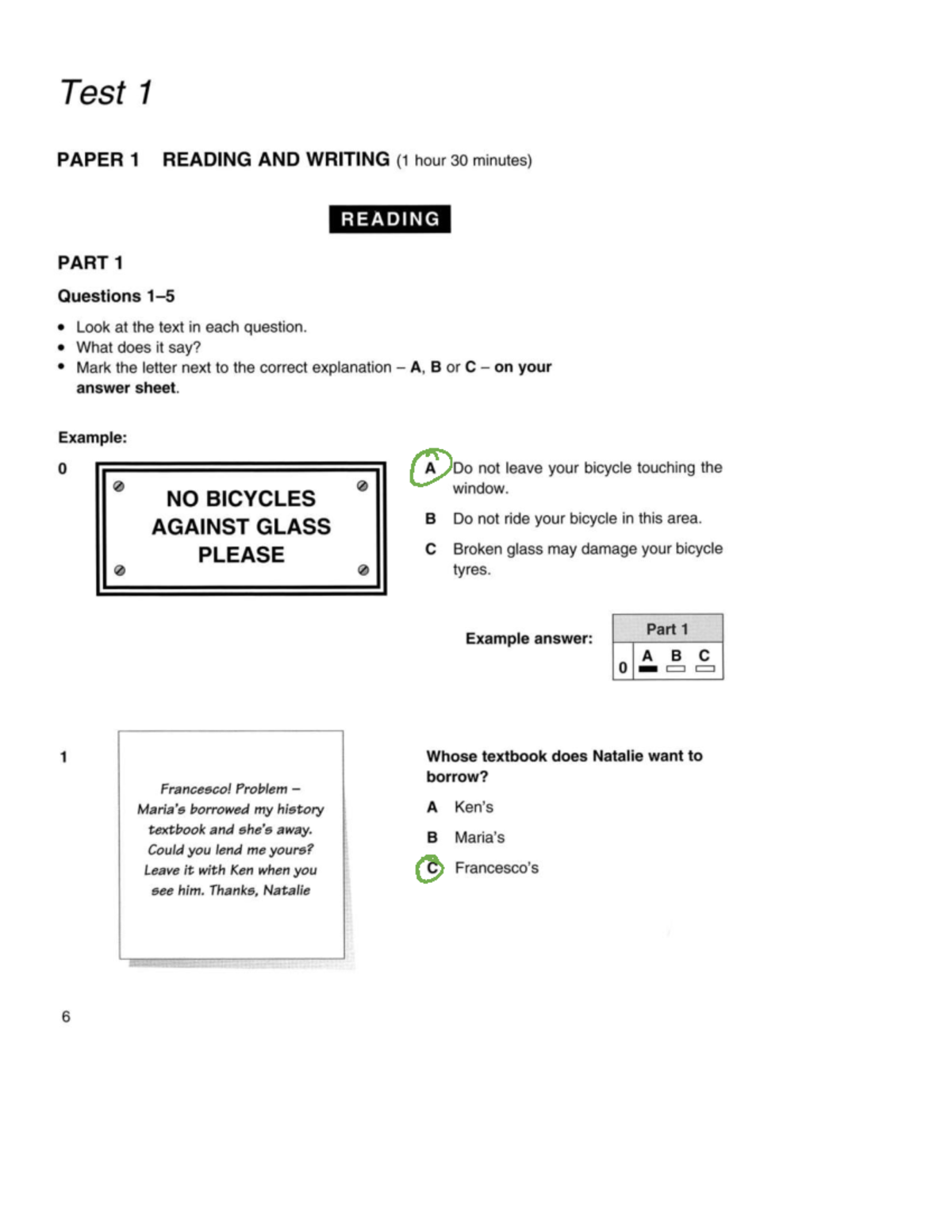 34 Test 1 PAPER 1 READING AND WRITING (1 hour 30 minutes) READING