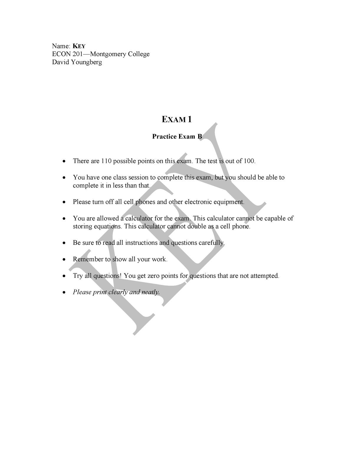 ECON 201 EXAM 1 B - PRACTICE EXAM - Name: KEY ECON 201 —Montgomery ...