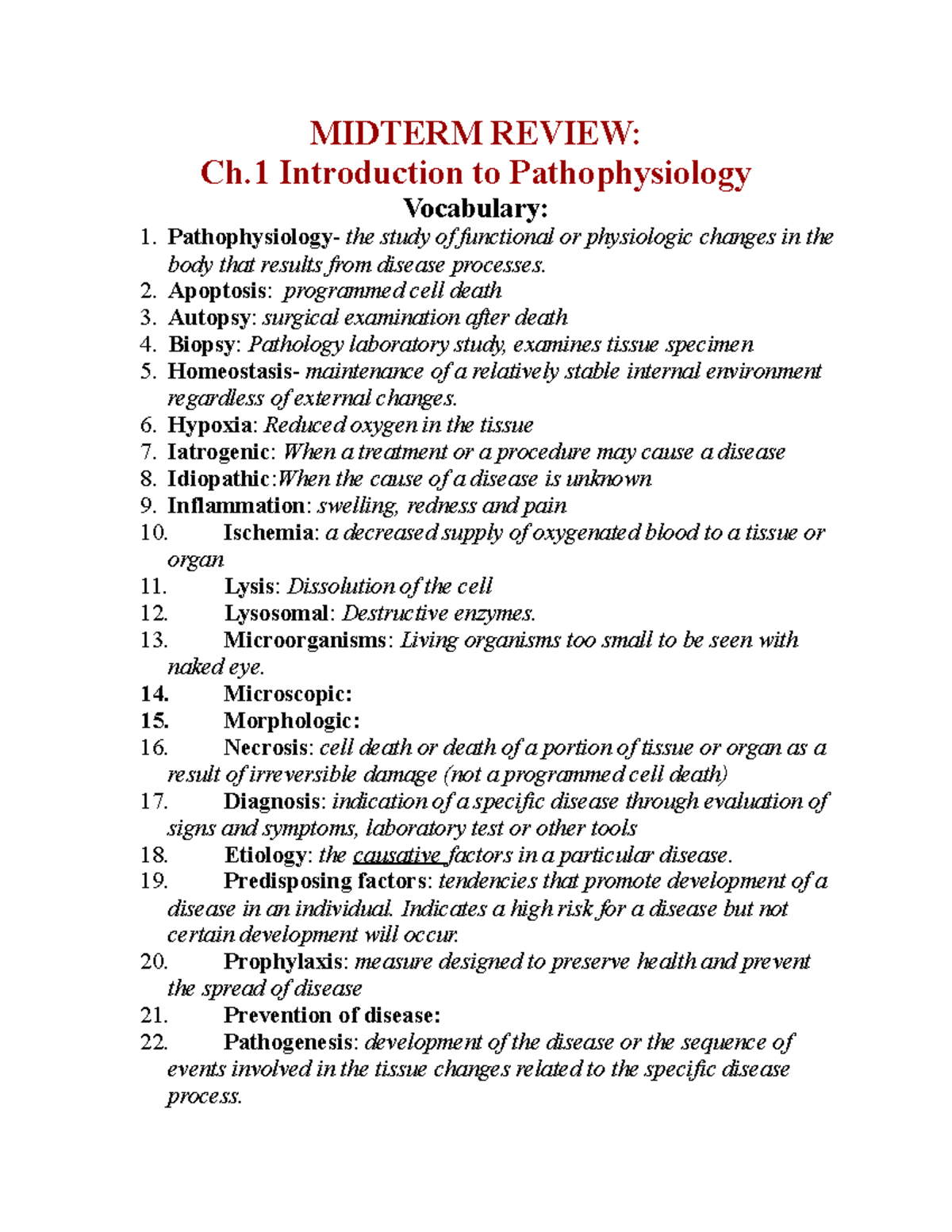 Patho Study Guide - MIDTERM REVIEW: Ch Introduction To Pathophysiology ...