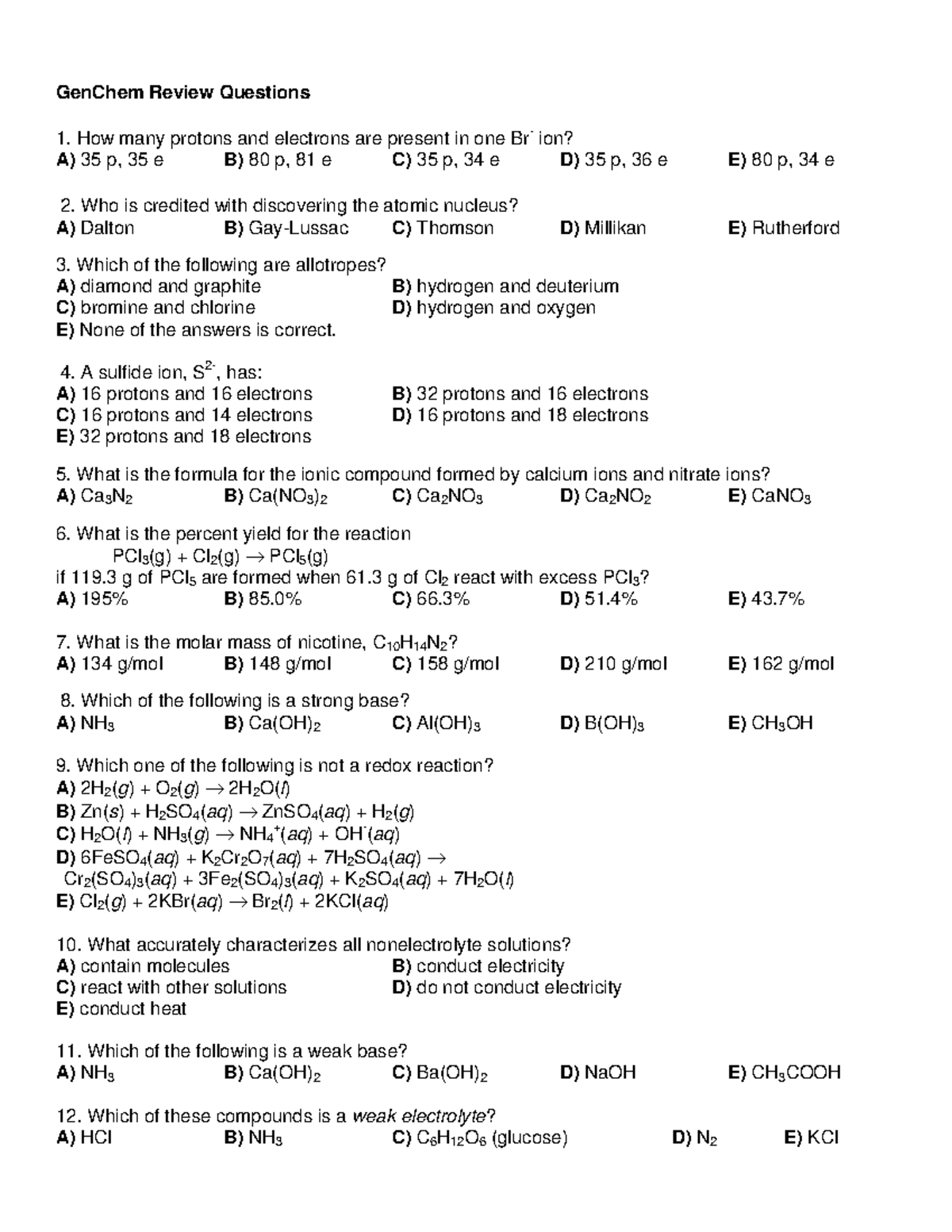 Gen Chem Review - Summary General Chemistry - GenChem Review Questions ...