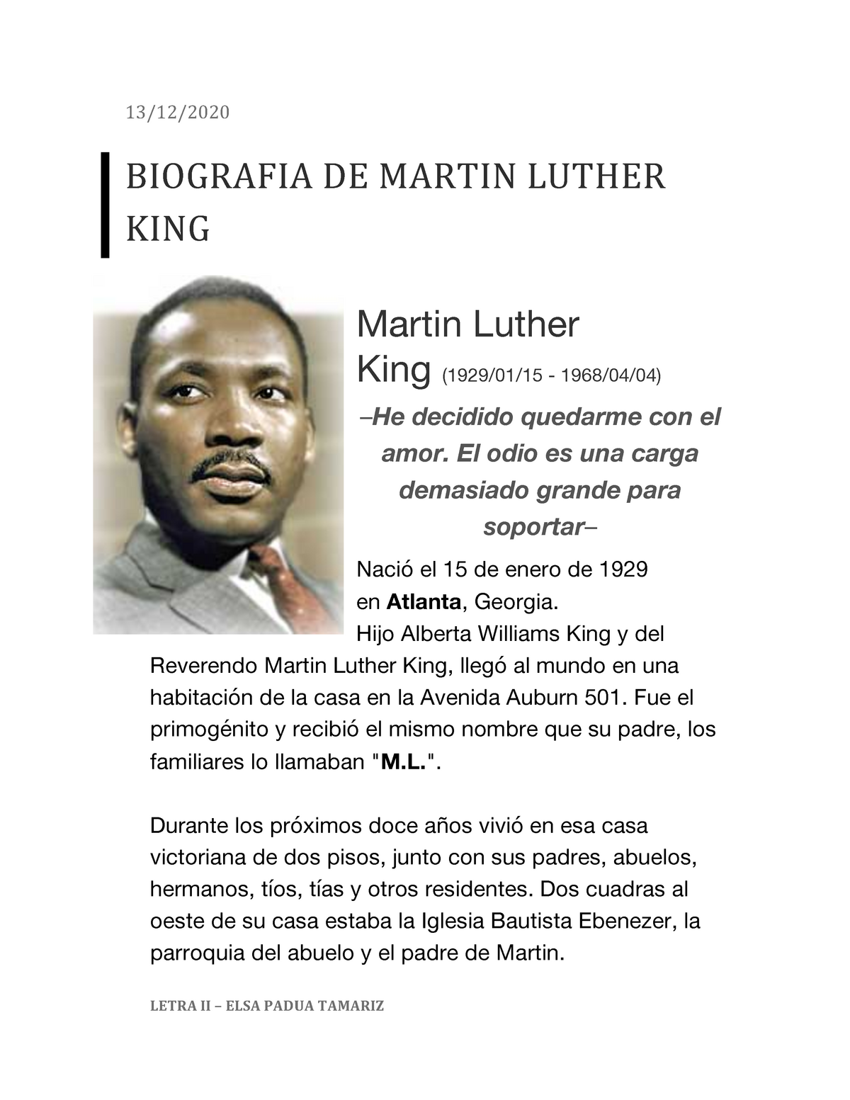 Martin Luther King Bioo Letra Ii Elsa Padua Tamariz 13 12 Biografia De Martin Luther King