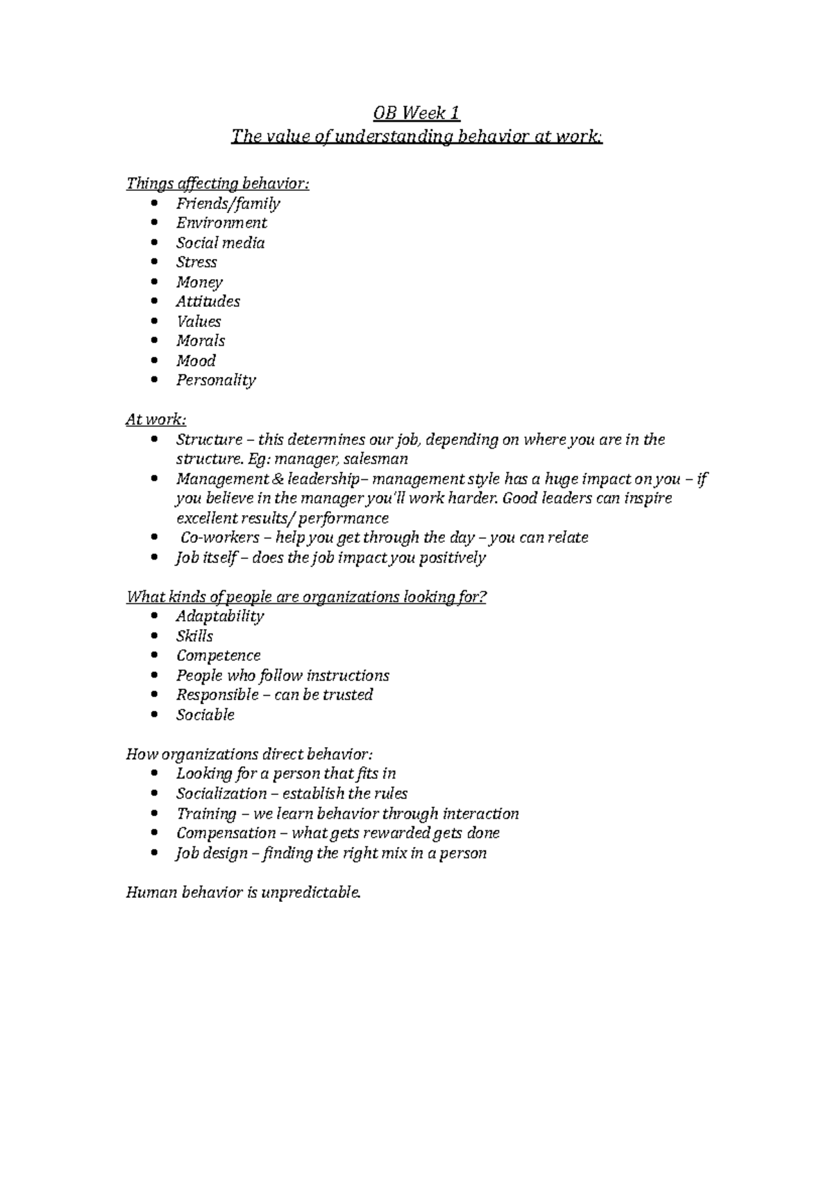 OB Week 1 - Lecture notes 1 - OB Week 1 The value of understanding ...