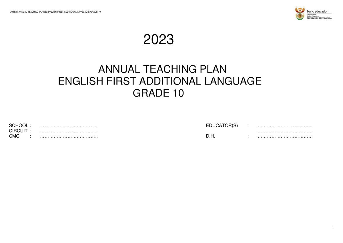 KZN Adapted ATP 2023 Gr 10 English FAL 2023 ANNUAL TEACHING PLAN