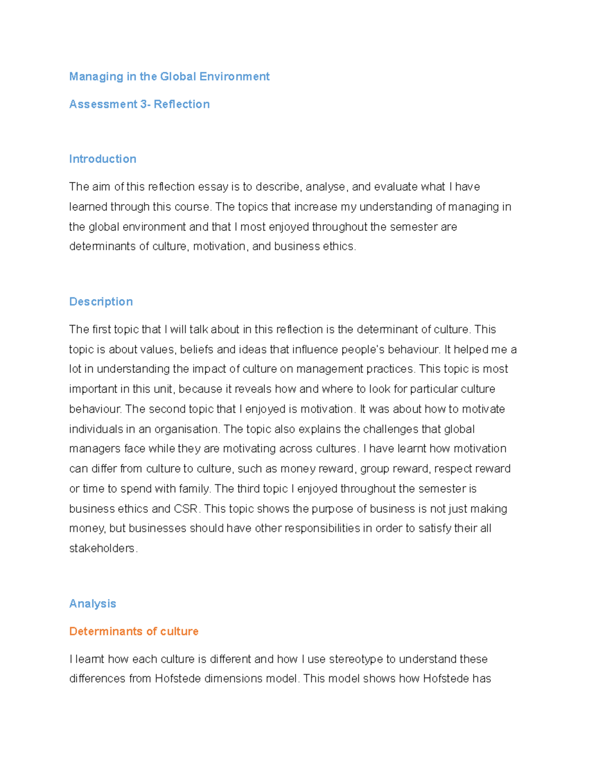Managing in the Global reflection - Managing in the Global Environment ...