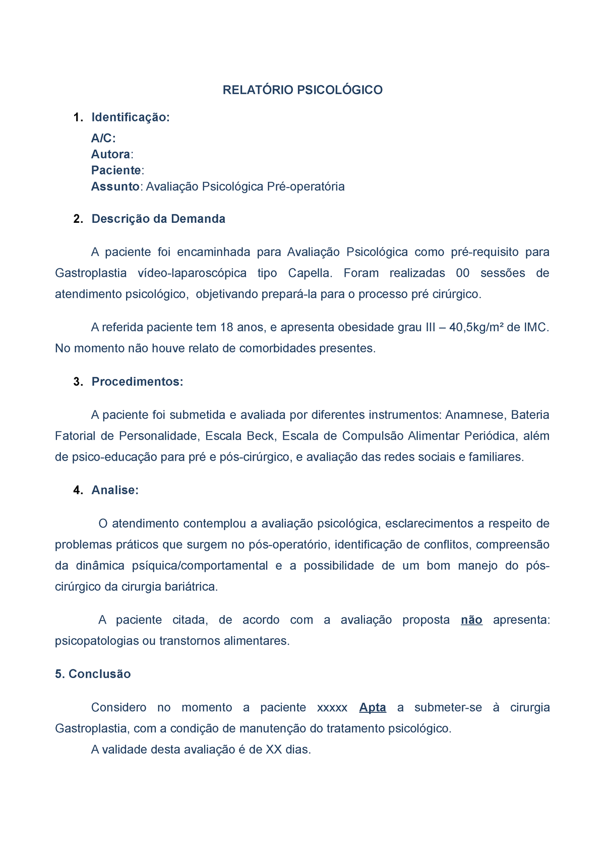 Modelo Relatorio Bariatrica Atualizado RelatÓrio PsicolÓgico Identificação Ac Autora 2660