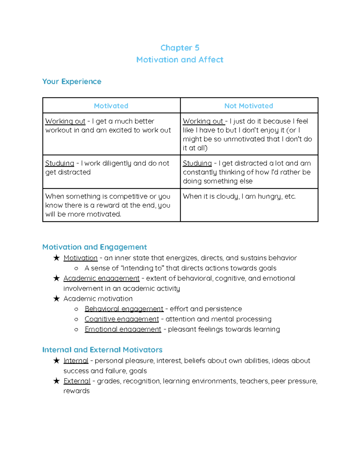 Chapter 5 - Motivation And Affect Lecture Notes - Chapter 5 Motivation ...