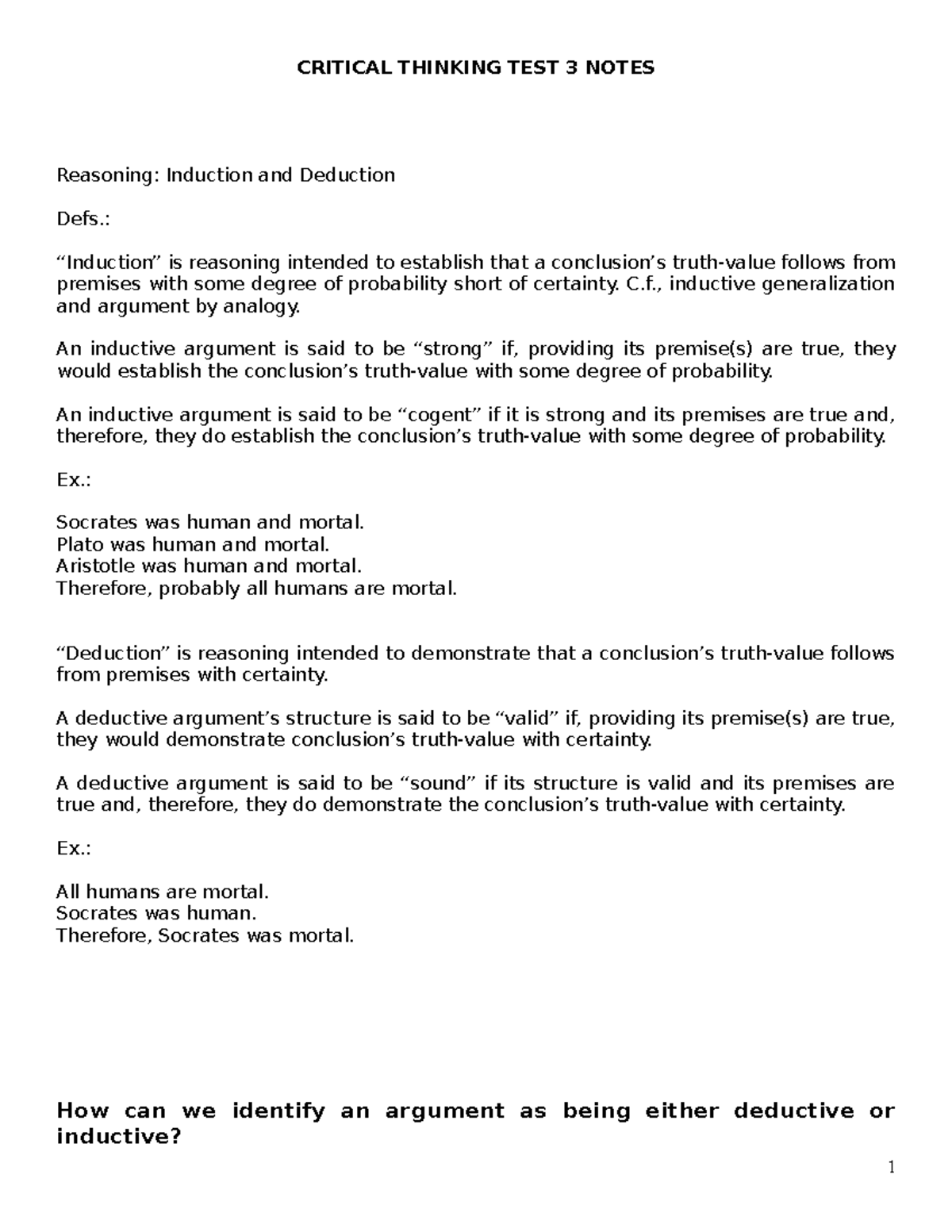 CT TEST 3 Notes FALL 2017 - CRITICAL THINKING TEST 3 NOTES Reasoning ...