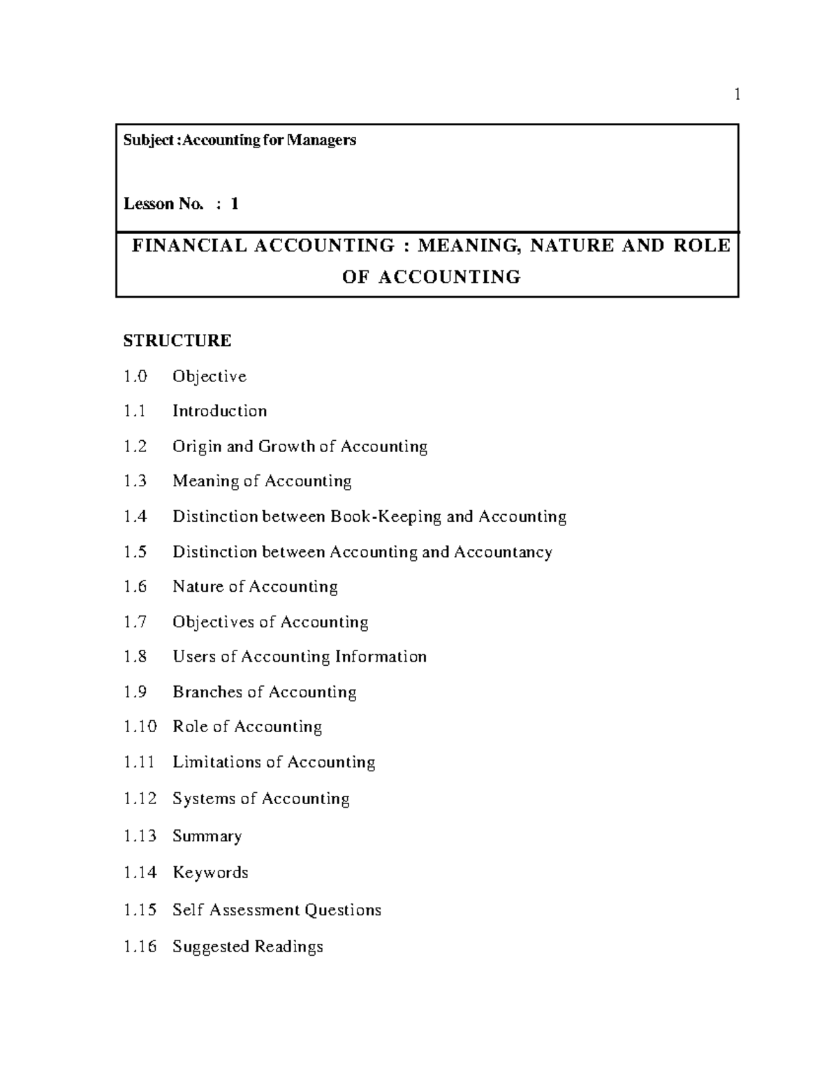 Chapter 1financial accounting Subject Accounting for Managers Lesson