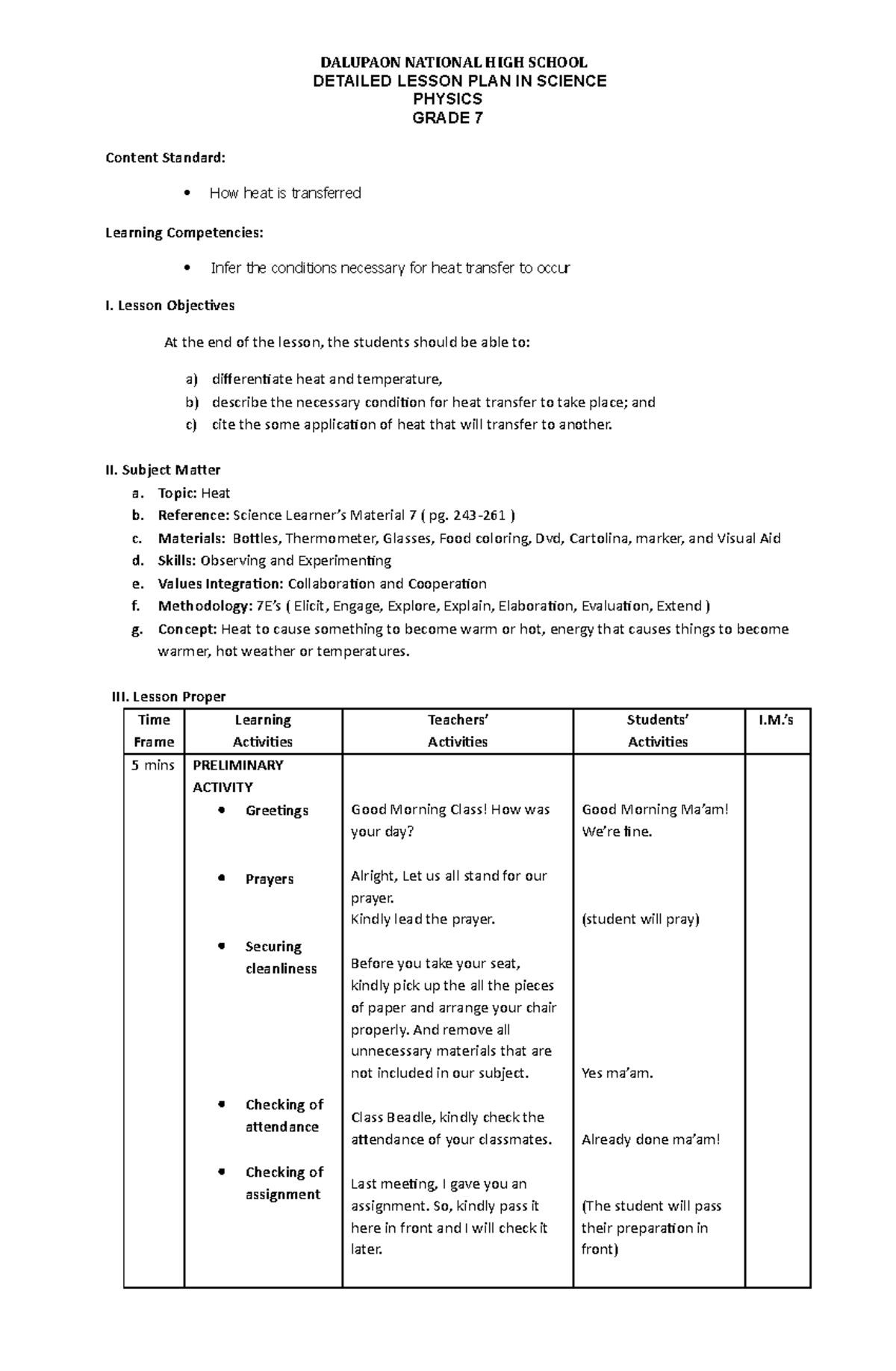 Lesson plan 7 heat - Notes - DALUPAON NATIONAL HIGH SCHOOL DETAILED ...