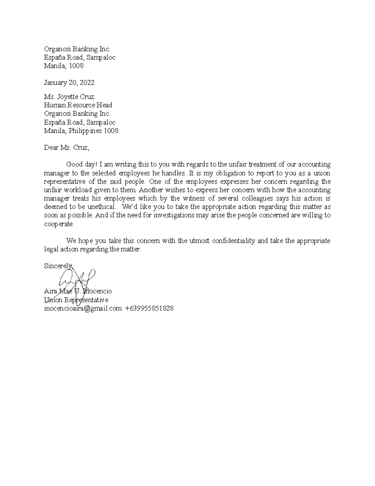 Bussiness letter - zvdsdvasd - Organosi Banking Inc. España Road ...