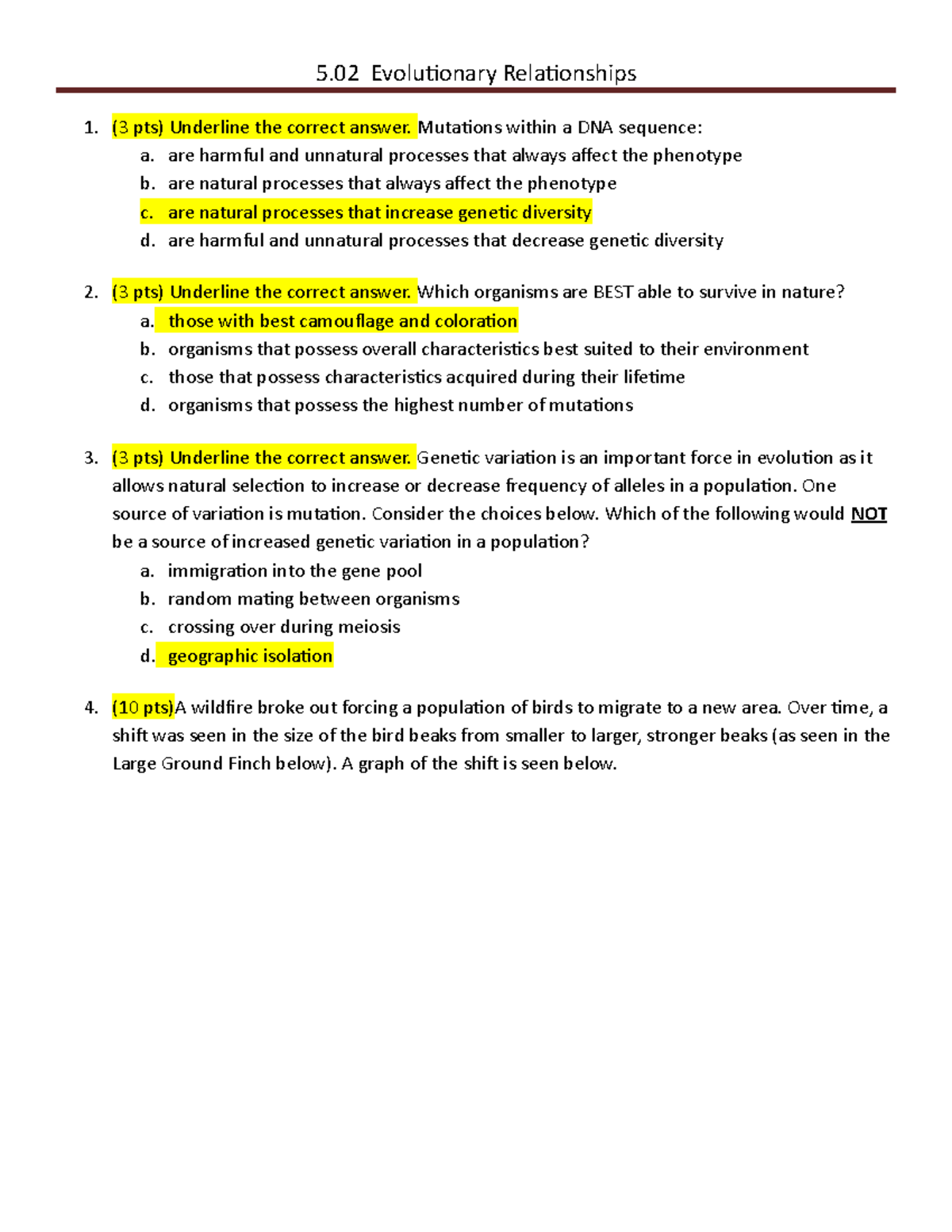 Copy of 502 Evolutionary Relationships - 1. (3 pts) Underline the ...