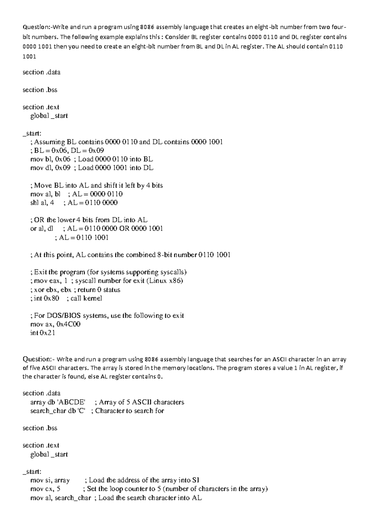 Assembly 6 - Notes - Question:-Write and run a program using 8086 ...