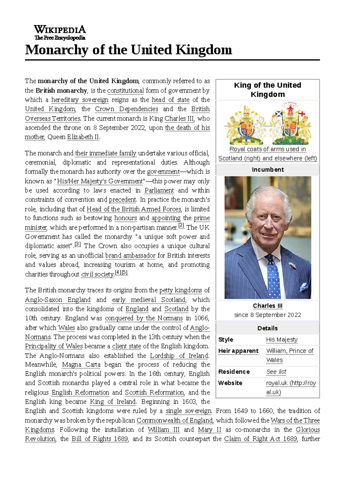 Monarchy of the United Kingdom - The current monarch is King Charles ...