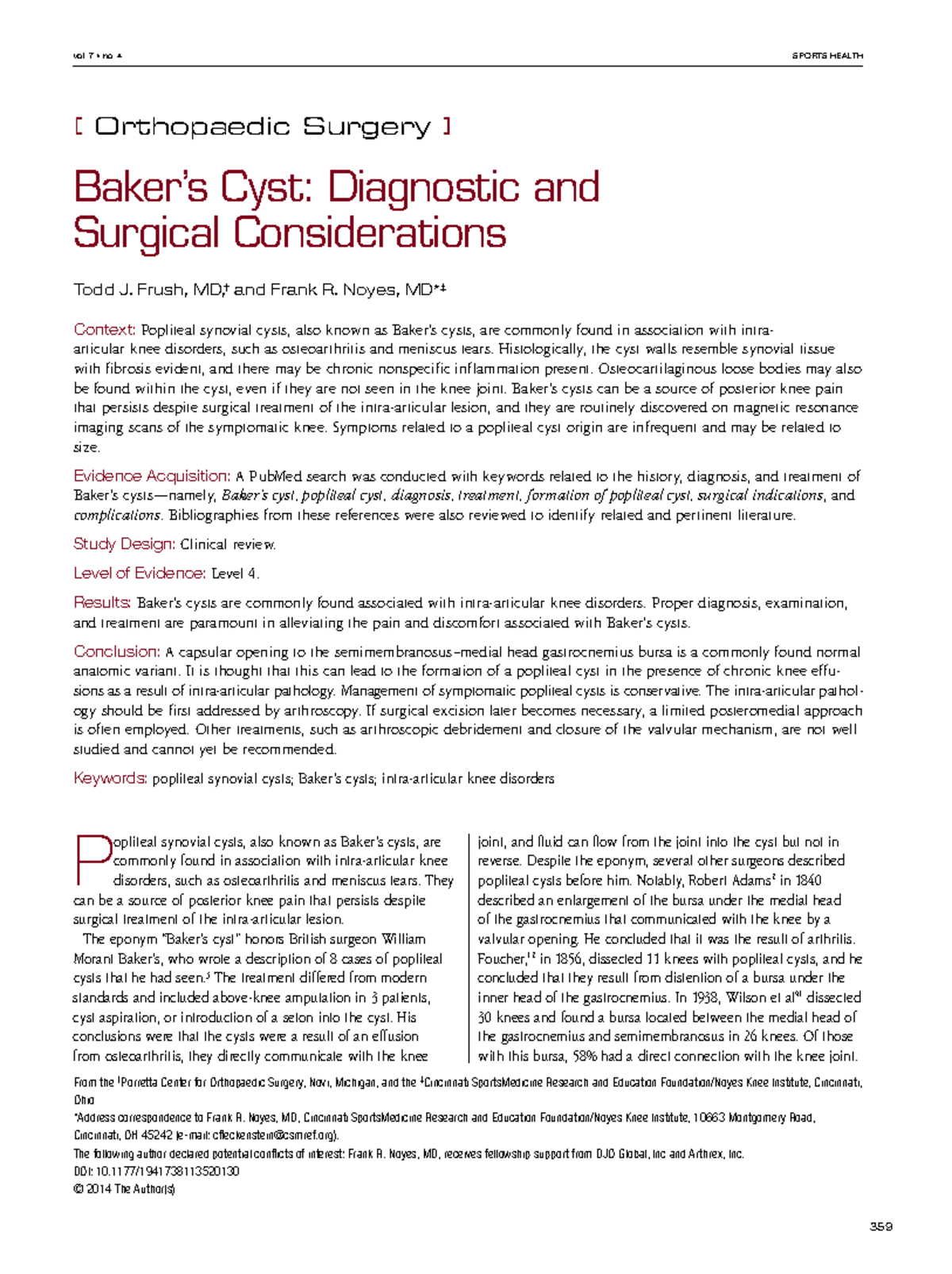 Baker cyst vol. 7 • no. 4 SPORTS HEALTH P opliteal synovial cysts