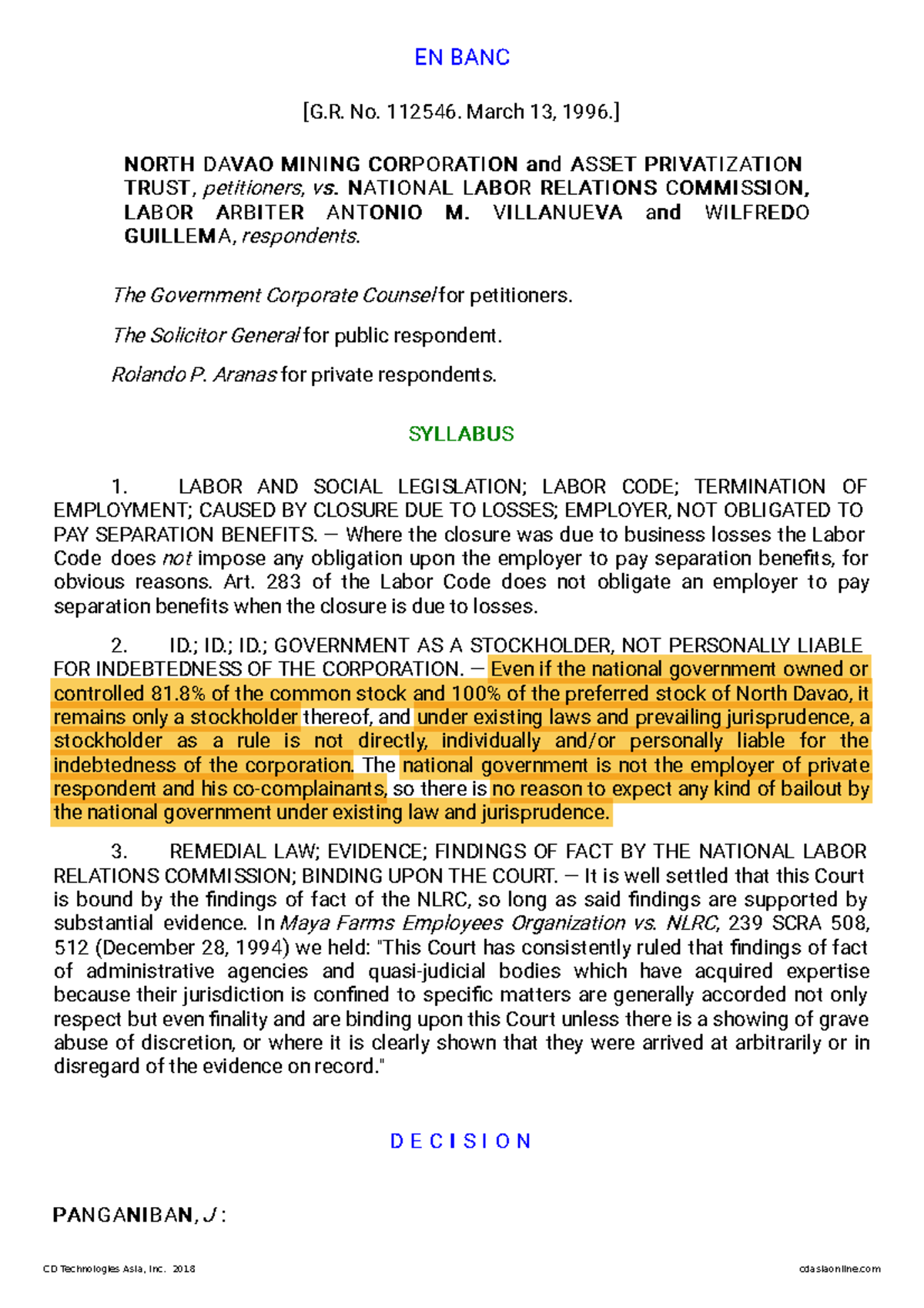 North Davao Mining Corp. v. NLRC - EN BANC [G. No. 112546. March 13 ...