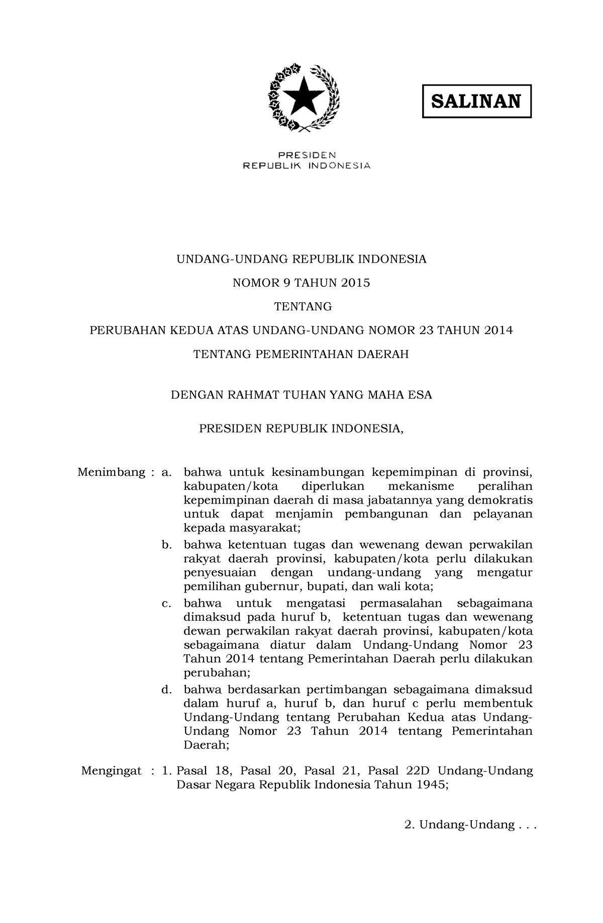 UU Nomor 9 Tahun 2015 - Uu 9 2015 - SALINAN UNDANG-UNDANG REPUBLIK ...