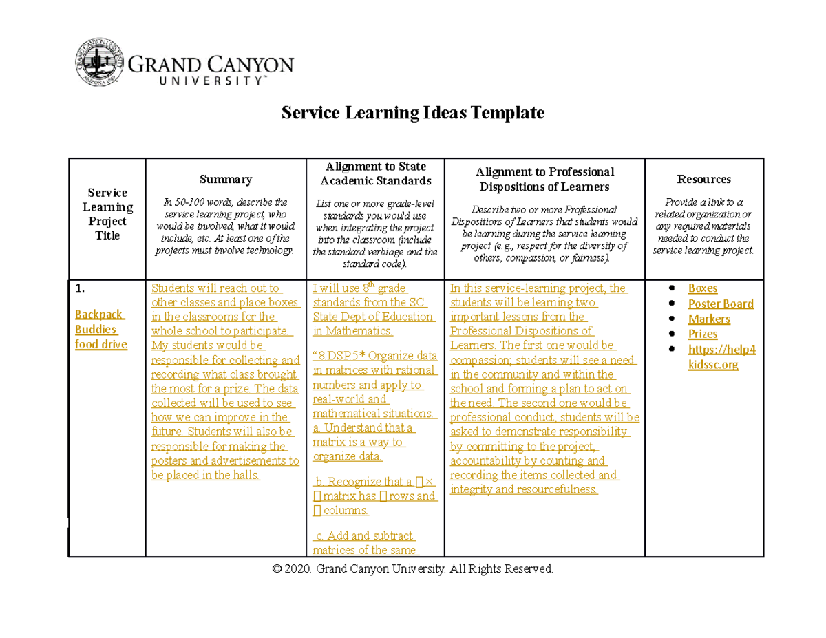 Service Learning Ideas Template