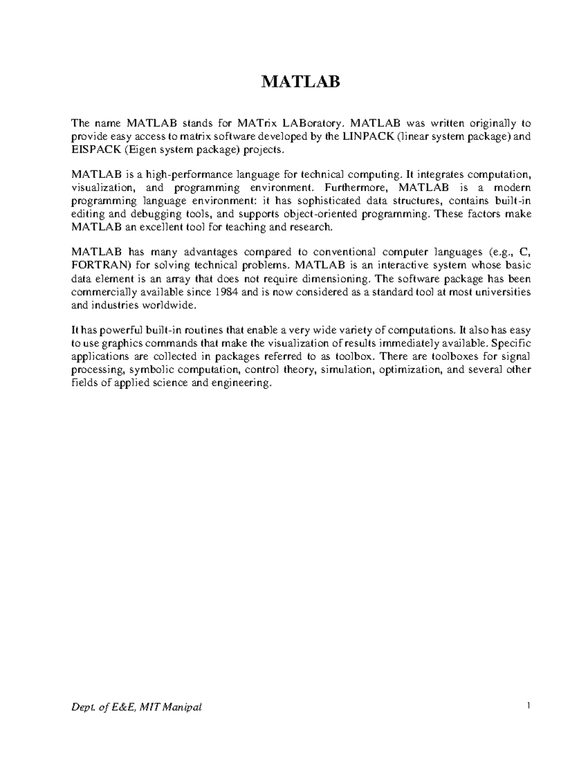 Introduction to Matlab - MATLAB The name MATLAB stands for MATrix ...