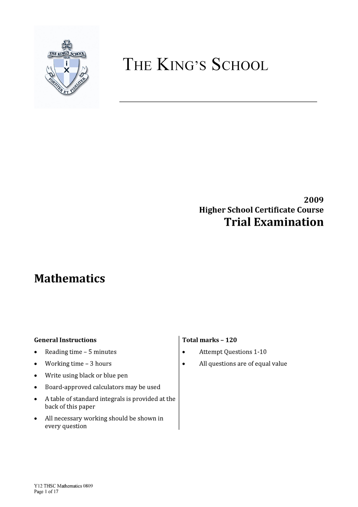 Kings 2009 2U Trials & Solutions - Y12 THSC Mathematics 0809 THE KING’S ...