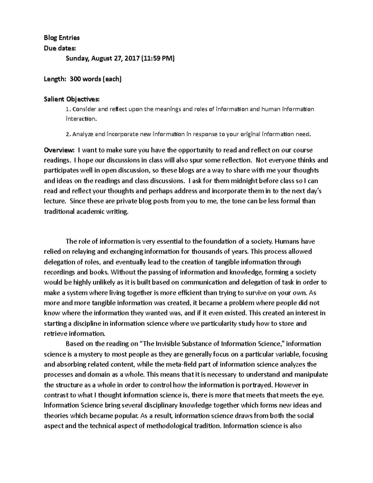 Blog Postings Assignment Sheet Fall 2017 - Blog Entries Due dates ...