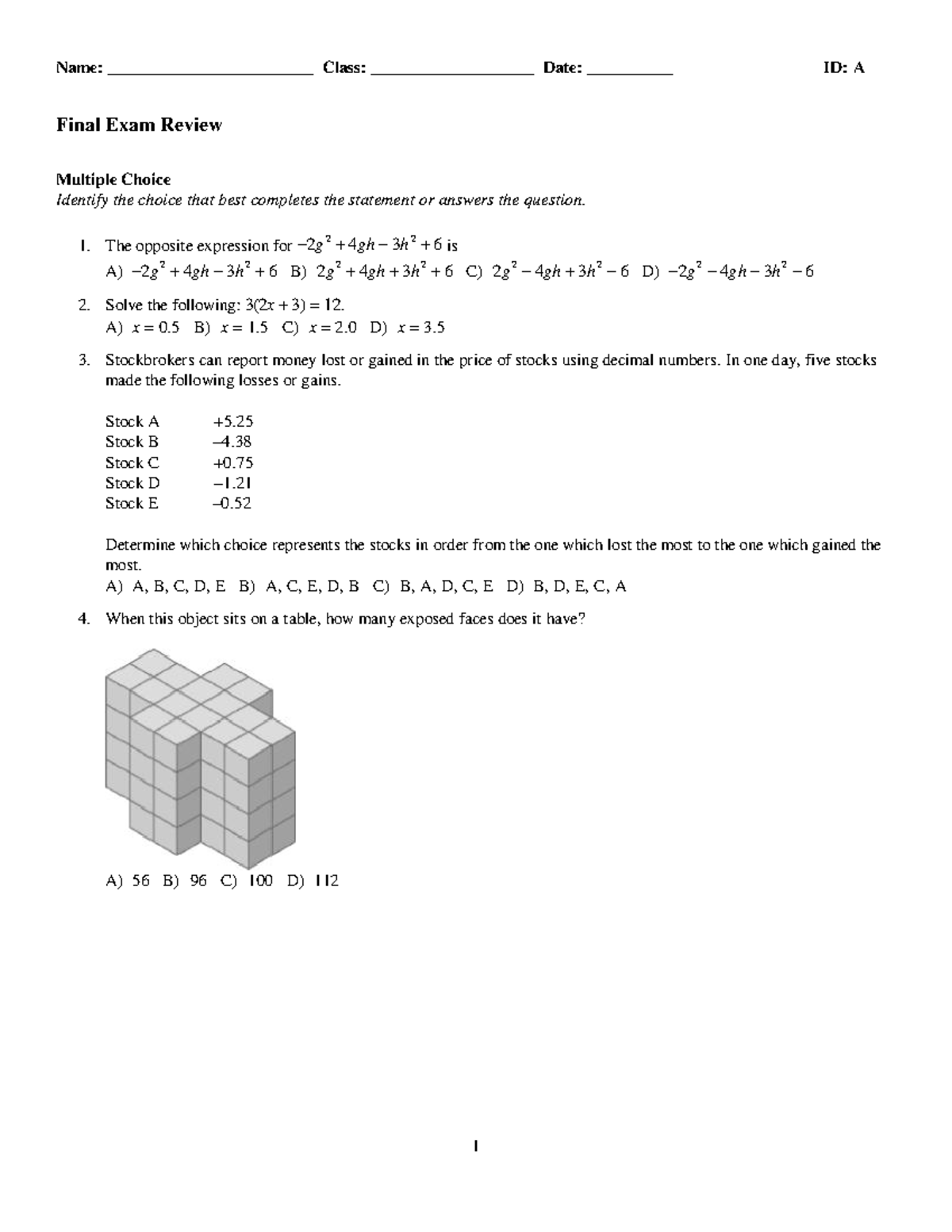 Math 9 Final Review With Answers - Name: ________________________ Class