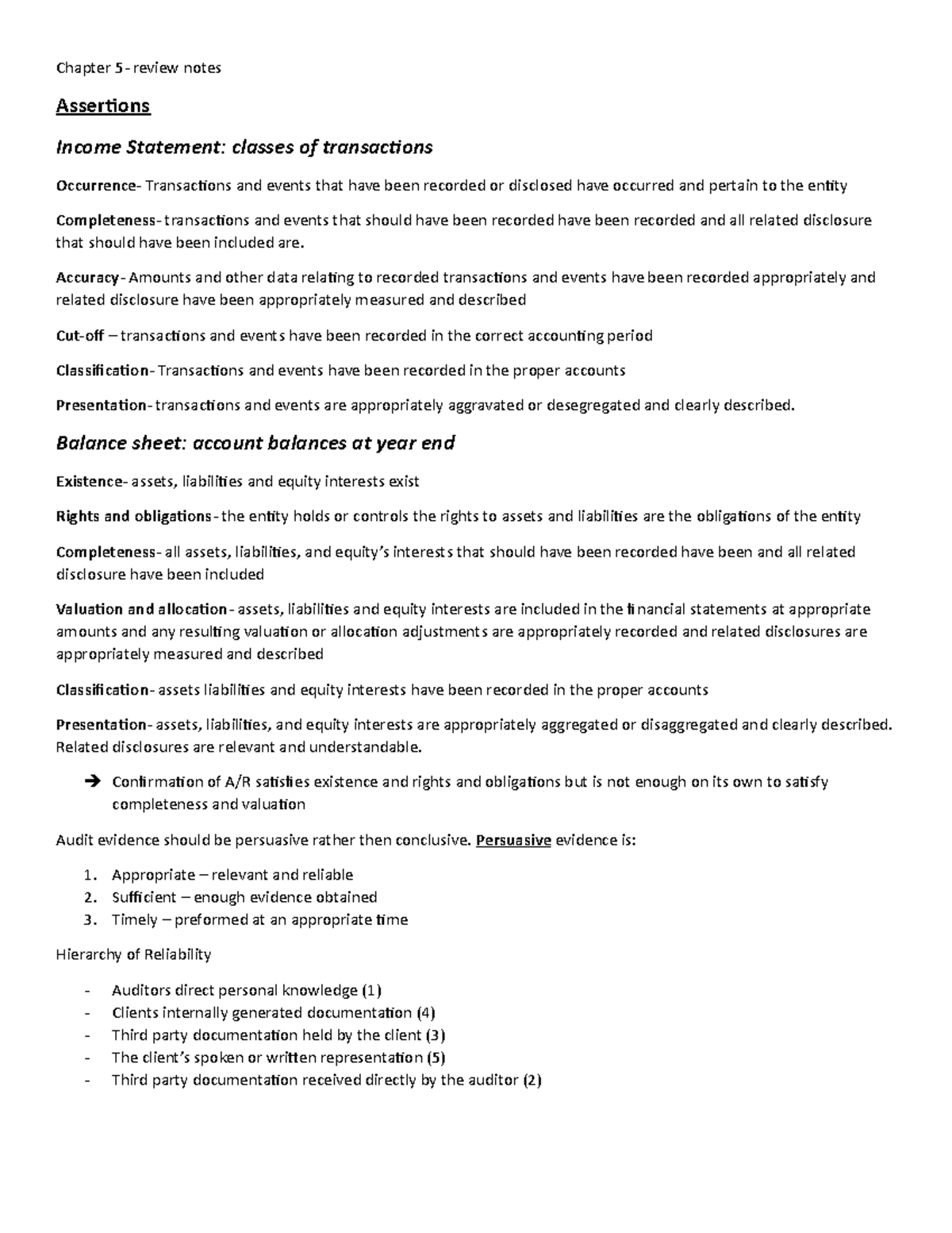 Midterm review - Chapter 5- review notes Assertions Income Statement ...