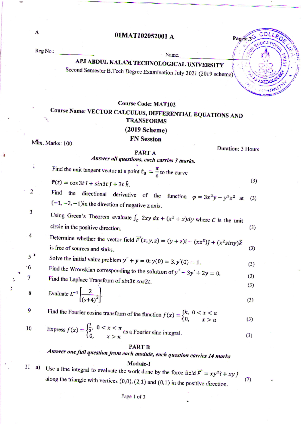 MAT102 Vector Calculus, Differential Equations AND Transforms(FN), JULY ...