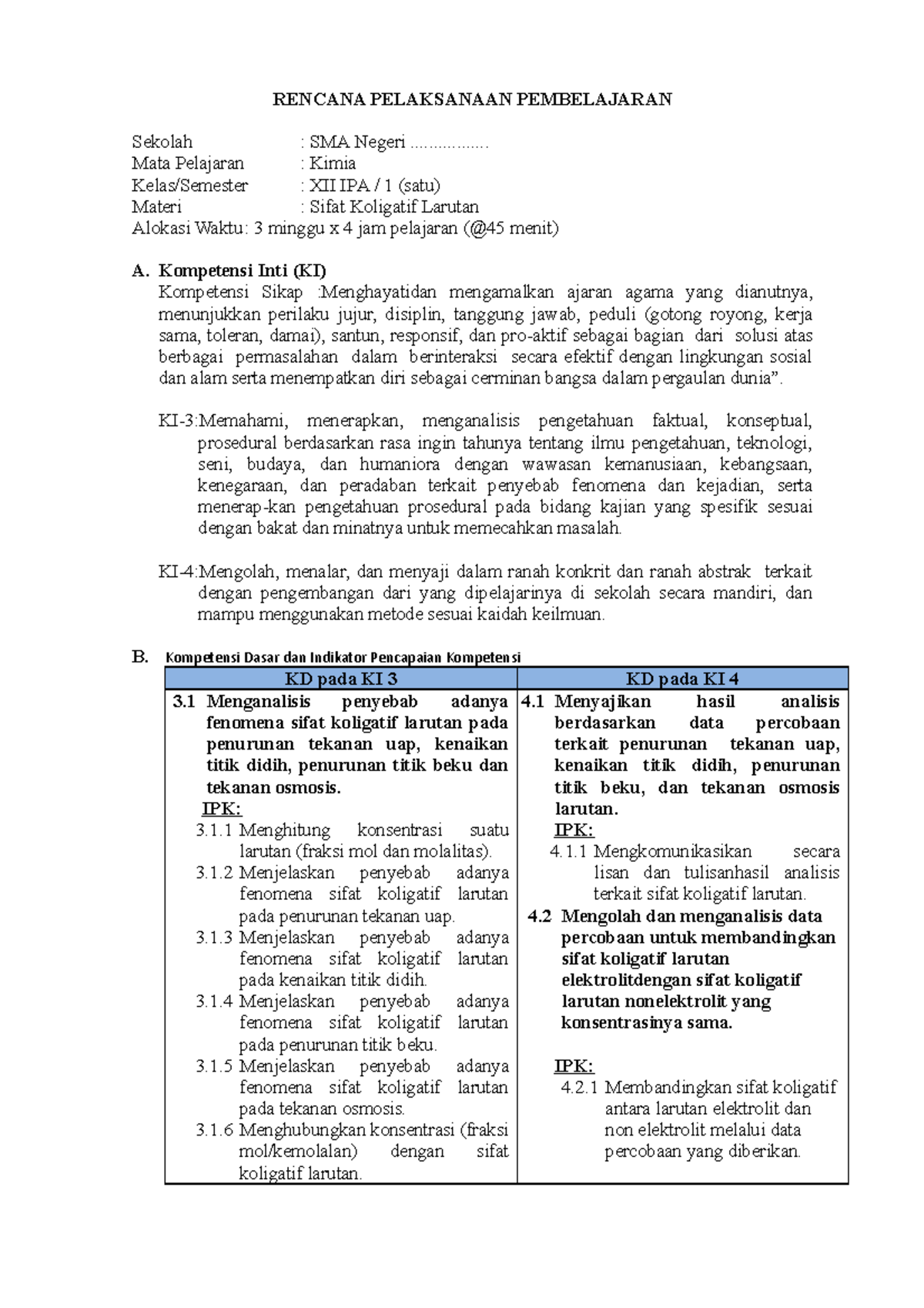 Rpp Sifat Koligatif Larutan Doc Rencana Pelaksanaan Pembelajaran Sekolah Sma Negeri Studocu