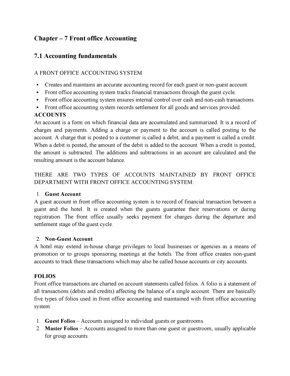 Front Office Accounting In Tourism and Hospitality Chapter 7 Front