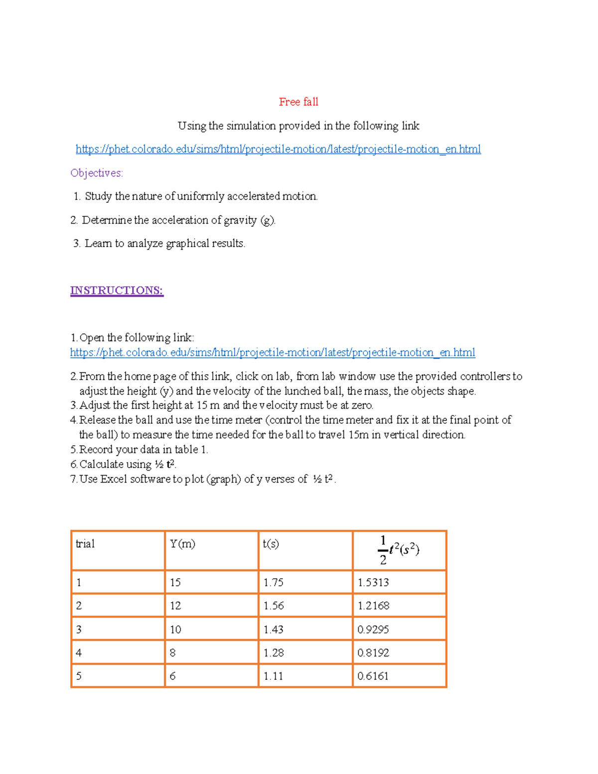 Free fall 2 - class work - Free fall Using the simulation provided in ...