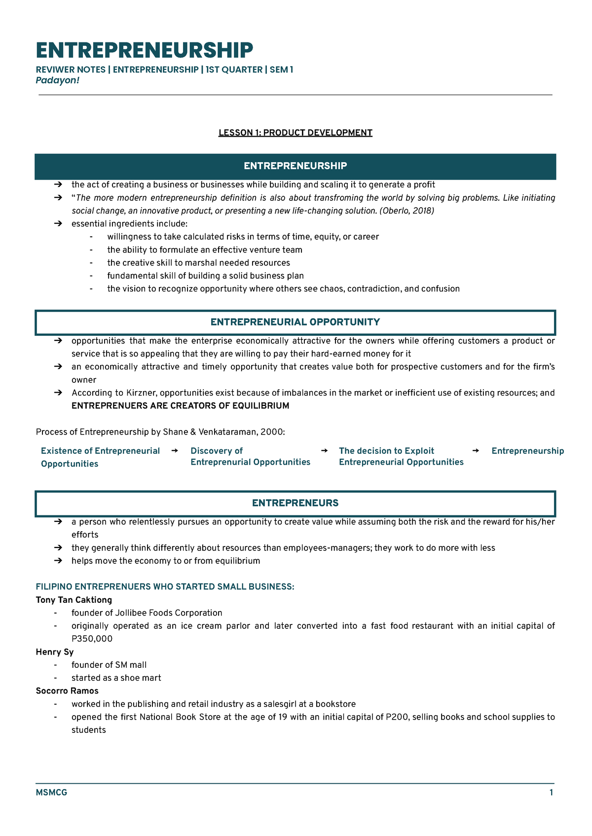 Entrep Q1 - Review Notes - ENTREPRENEURSHIP REVIWER NOTES ...