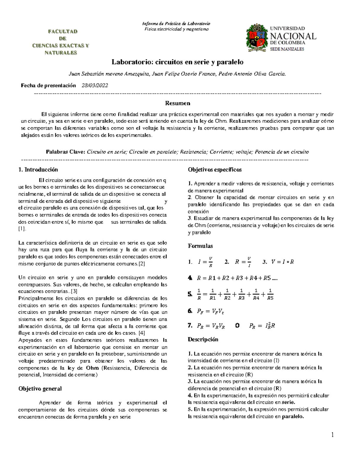 Informe De Laboratorio 1 Facultad De Ciencias Exactas Y Naturales