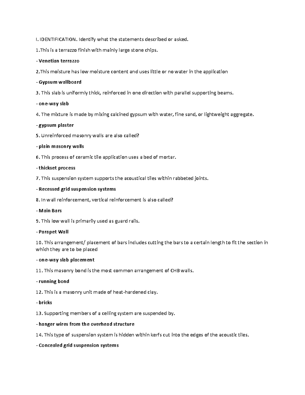 Civil Engineering - I. IDENTIFICATION. Identify what the statements ...