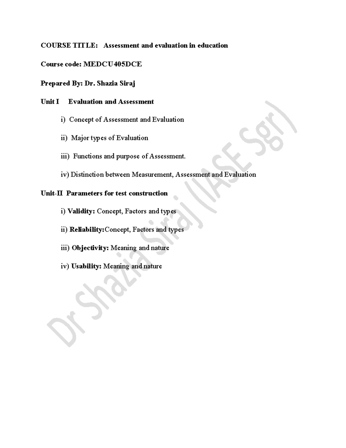 medcu-405dce-assessment-and-evaluation-unit1-2-course-title