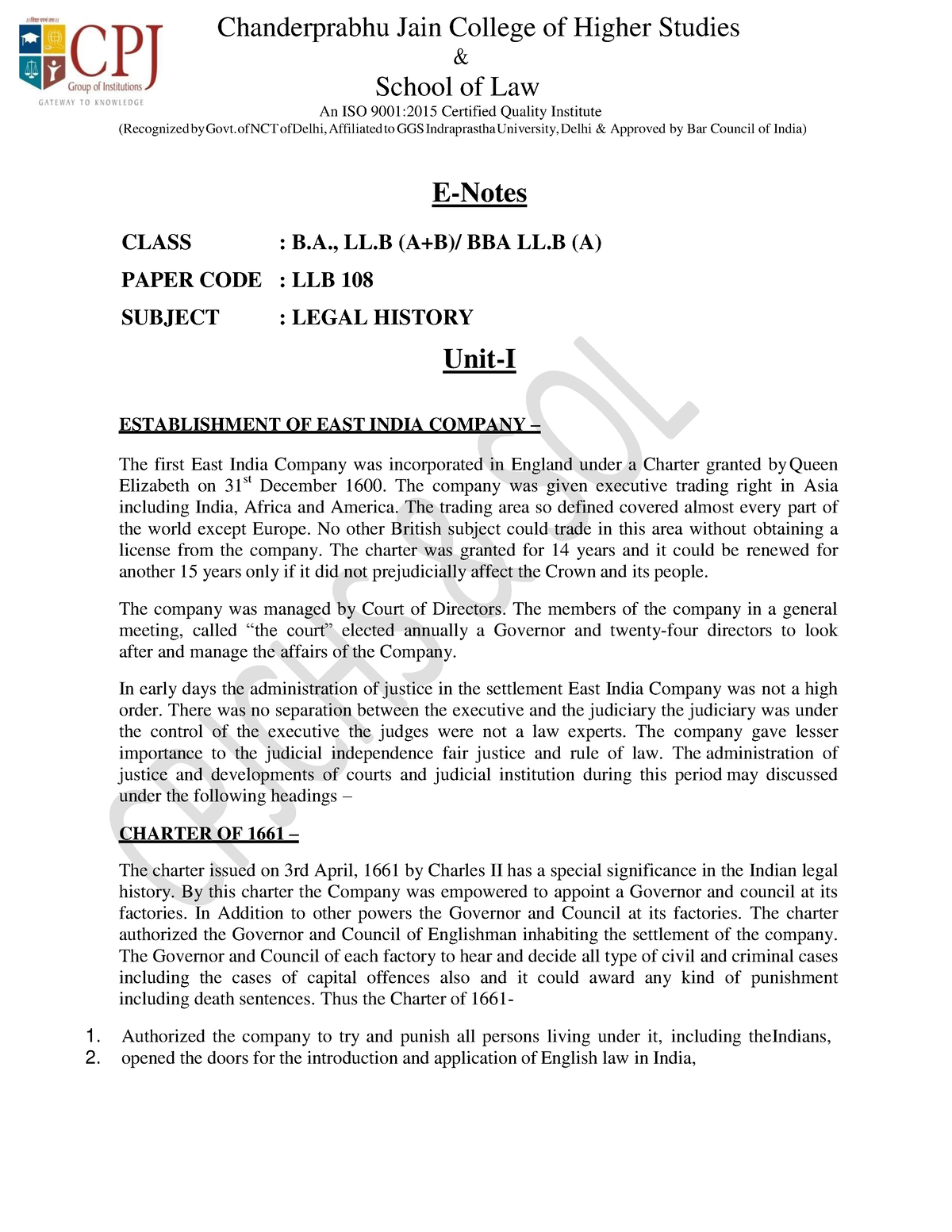 Unit-1 Legal History E-Notes- Ballb - & School Of Law An ISO 9001:2015 ...