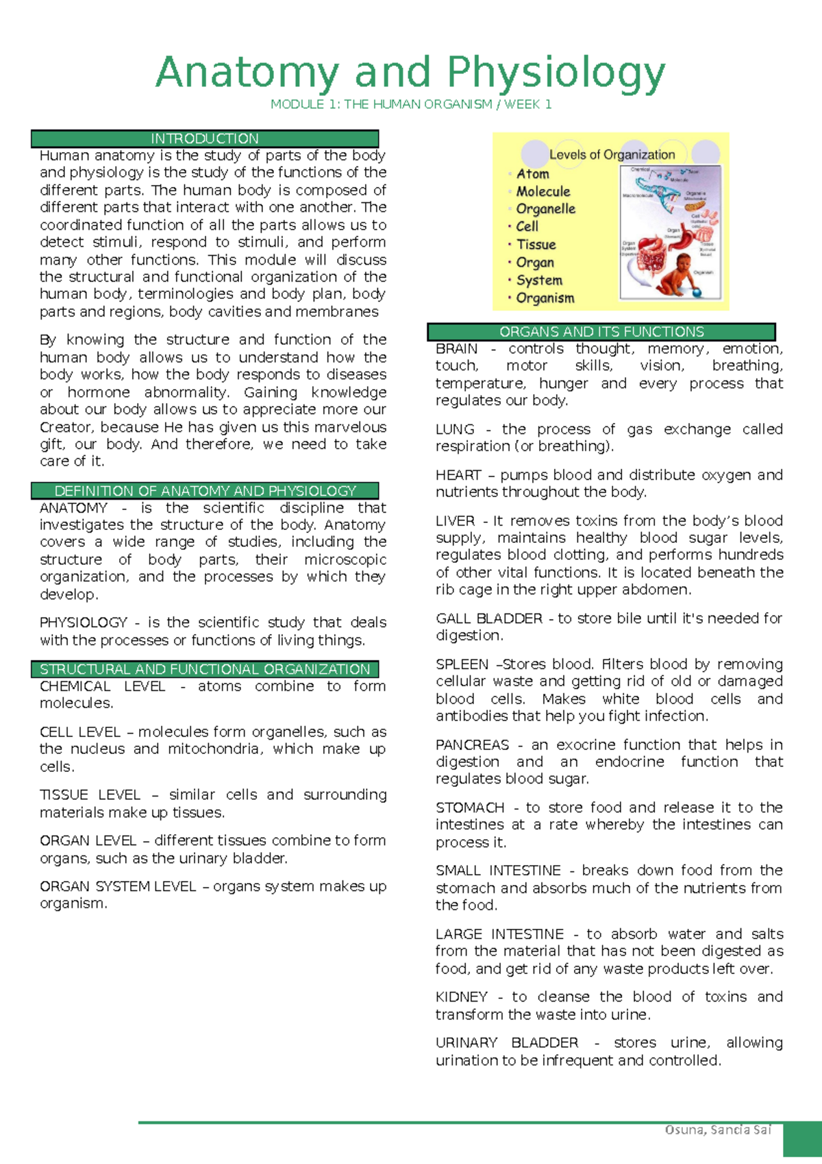 Module 1 - Anaphy - MODULE 1: THE HUMAN ORGANISM / WEEK 1 INTRODUCTION ...